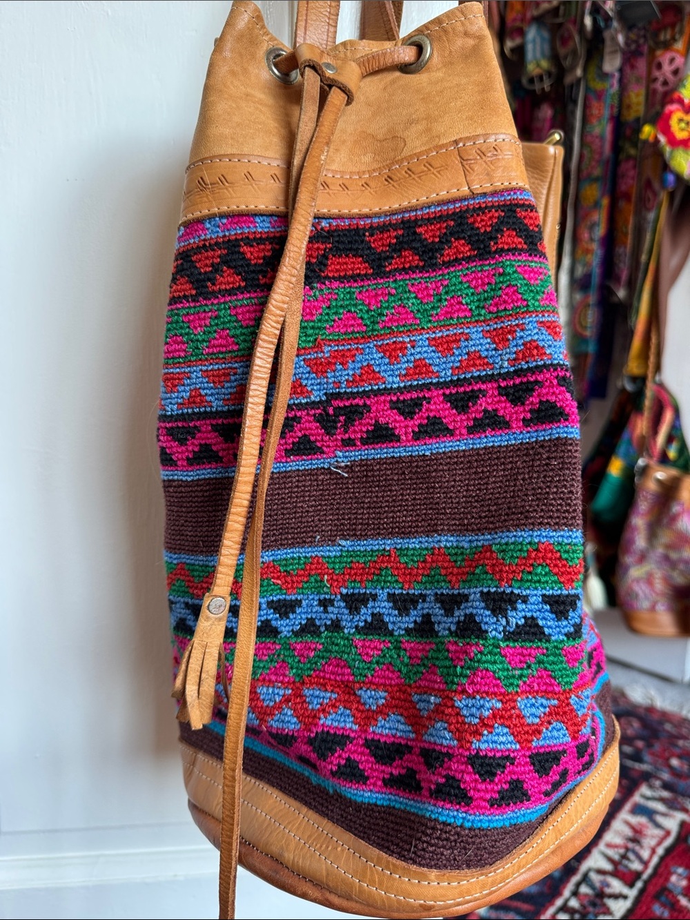 Guatemala Handwoven Multicolor Canvas & Leather Drawstring Bucket Backpack